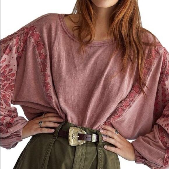 Free People Pink Balloon Dolman Sleeve Embroidered Boho Blouse - Picture 1 of 7